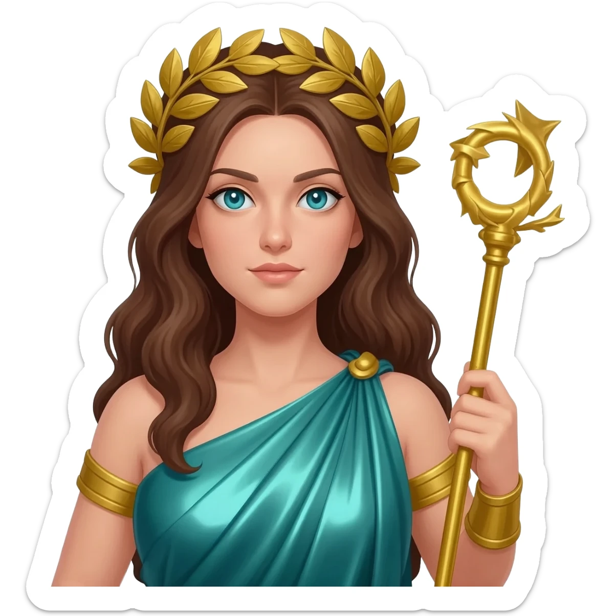 Juno from Roman Mythology with cyan-blue eyes, long brown hair, teal metallic peplos sticker