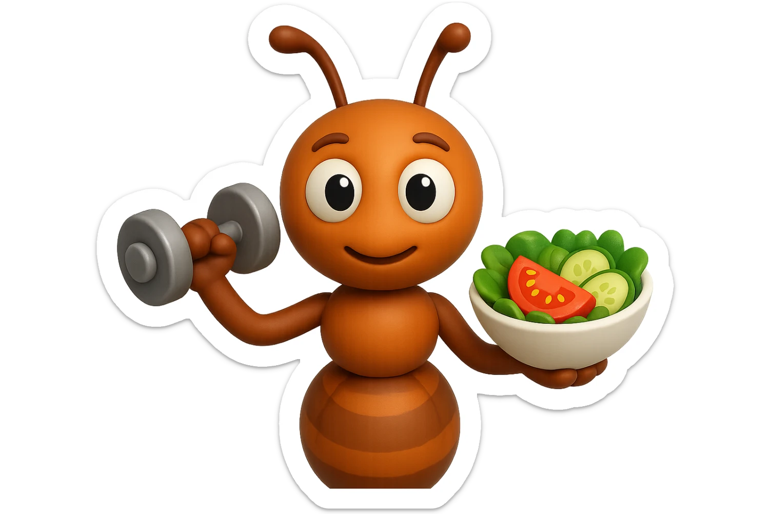 EMOJI STILE IPHONE 3D DI UNA formica CHE ha un manubrio da palestra nella mano destra e un insalata nella mano sinistra, FAGLI GLI OCCHI CON LA PARTE BIANCA, NON SOLO LA PUPILLA sticker