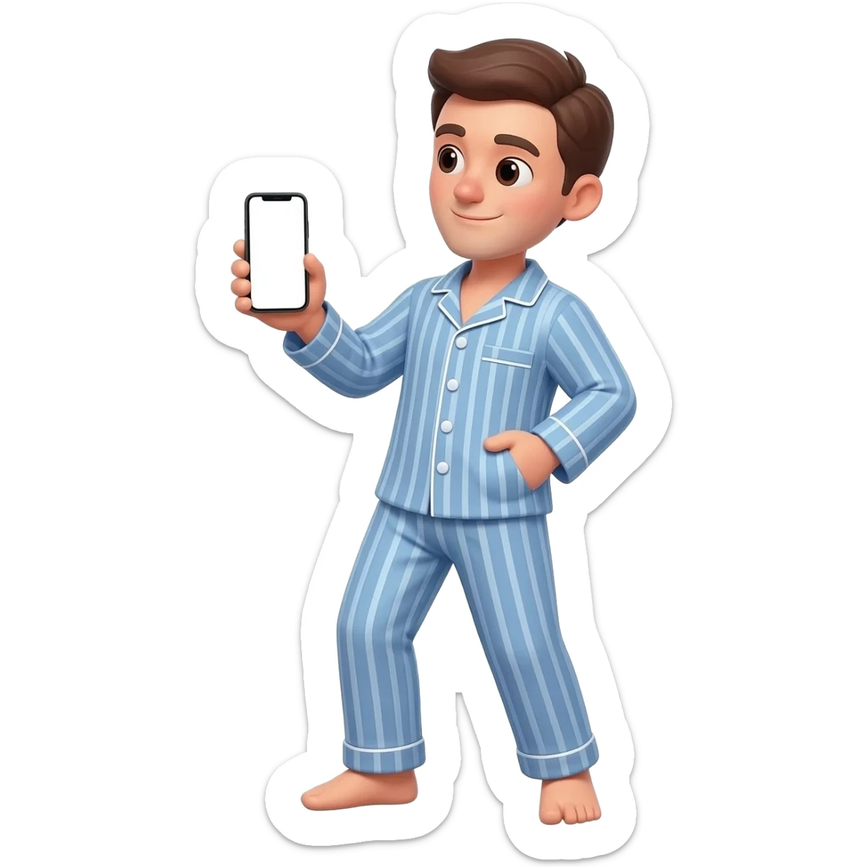guy in pajamas standing holding up his phone up high and in front of him to show the camera his entire body. have him at a slight angle and looking at the phone. holding the phone vertically. holding it as  high up as he can and angled dwon to point at him sticker