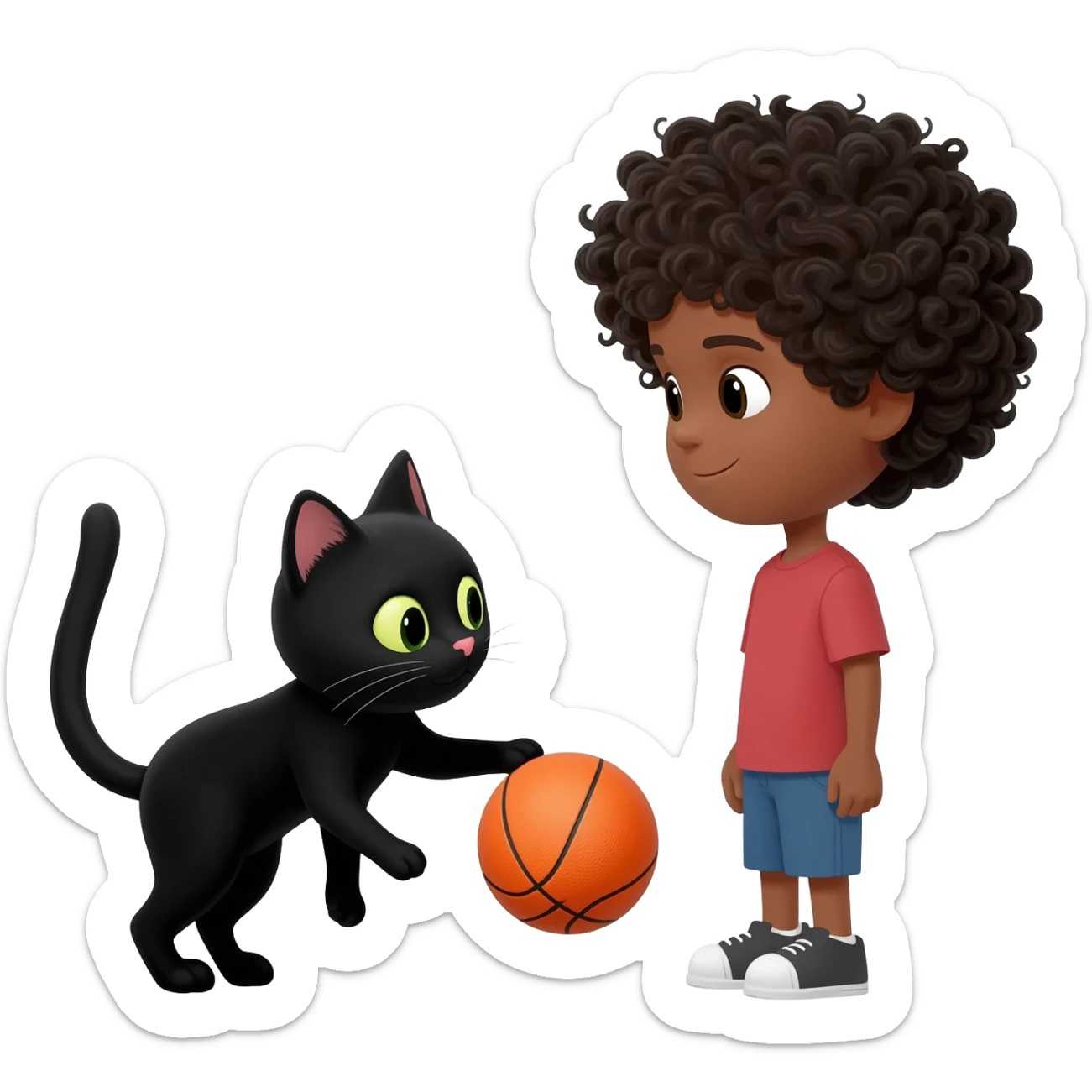 Black cat playing with orange basketball and a little boy with curly black hair sticker