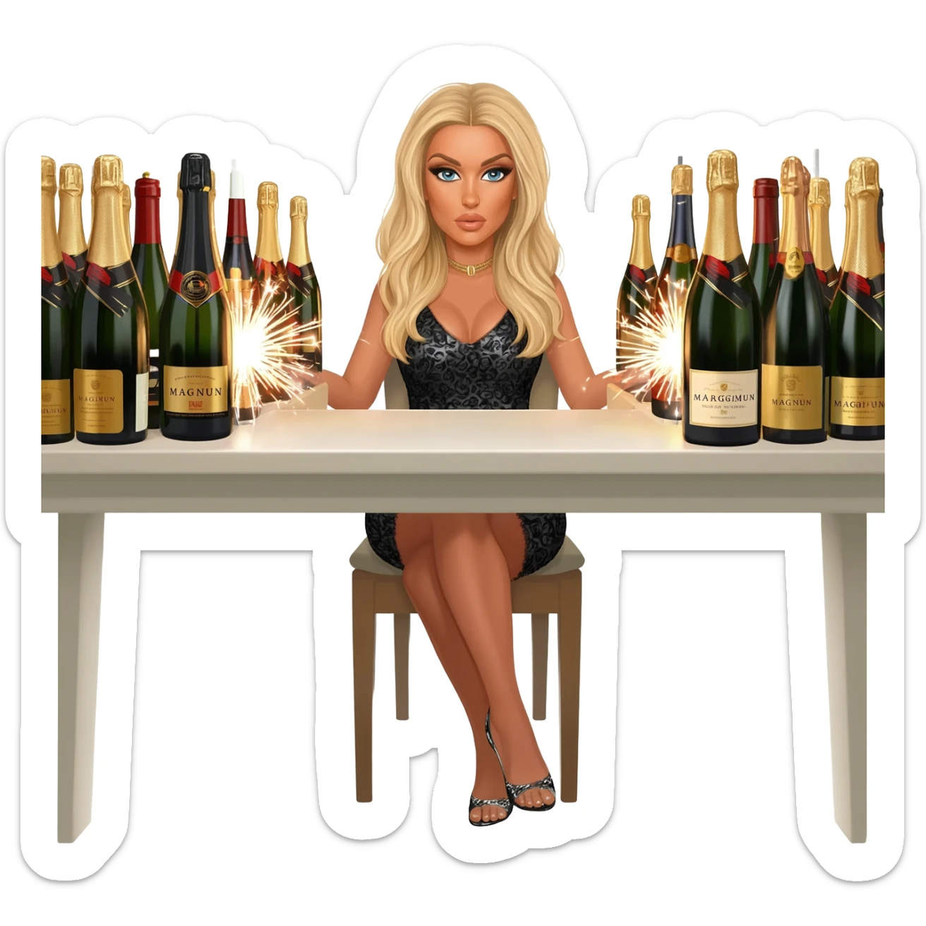 a table with dozens of magnum bottles, sparklers, and Paris Hilton sticker