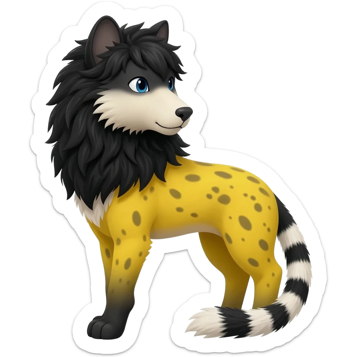  cool beautiful elegant spotted hype-realistic, black-maned, vibrant yellow Genet-Serval-Sergal-Margay-Fox-Wolf-fusion-hybrid-furry-fursona, black scruffy mane on back, long muzzle snout, full body, with a long puffy fluffy black-and-white-striped tail, black long big ears, with natural blue eyes sticker