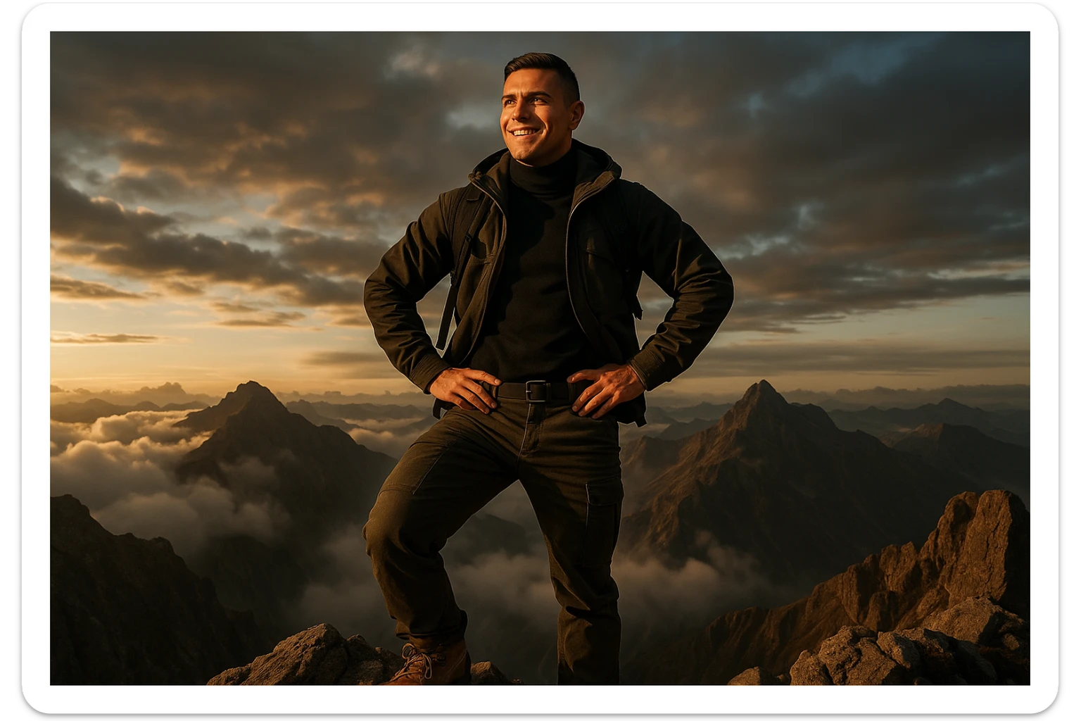 uomo che arriva in cima alla vetta accogliendo le sfide della vita e le supera senza paura, iperrealistica cinematografica 4k sticker