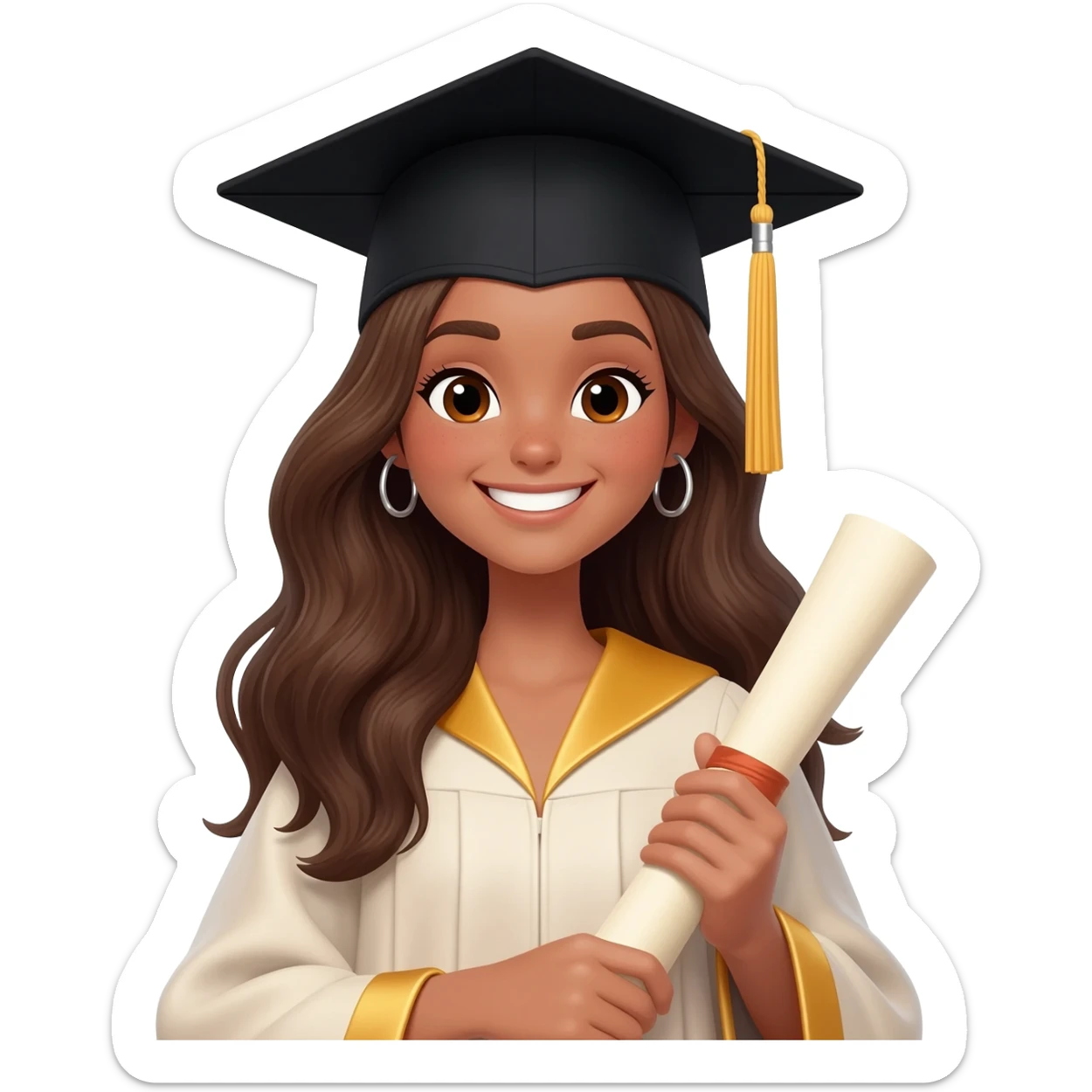 school graduation with a pretty female graduating student with long brown hair, brown eyes, big earrings and brown tan sticker