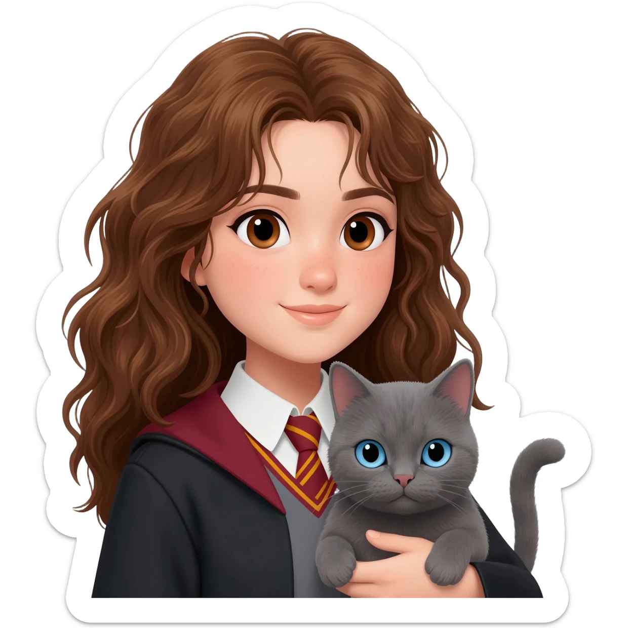 asian ravenclaw girl student with long brown messy wavy hair and brown eyes, holding a gray cat with blue eyes sticker