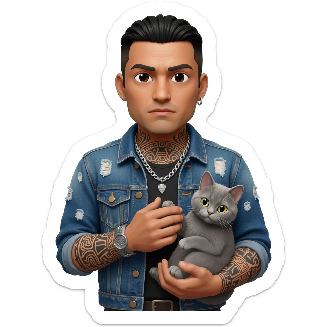 A Mexican thug with tatts holding a gray cat sticker
