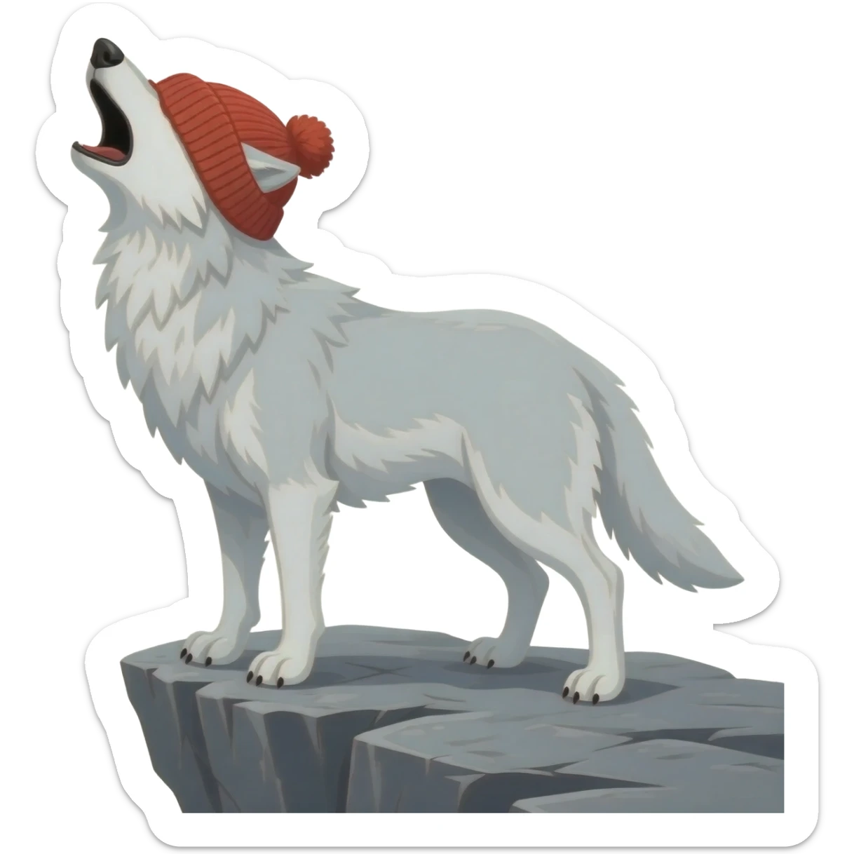 White wolf wif red knitted hat over head covering eyes standing on a rock cliff howling sticker