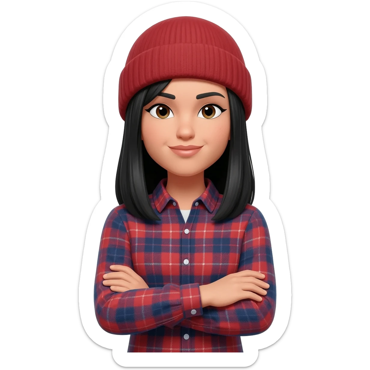 White curvy female with straight black hair wearing a beanie and standing with arms crossed wearing a plaid shirt sticker