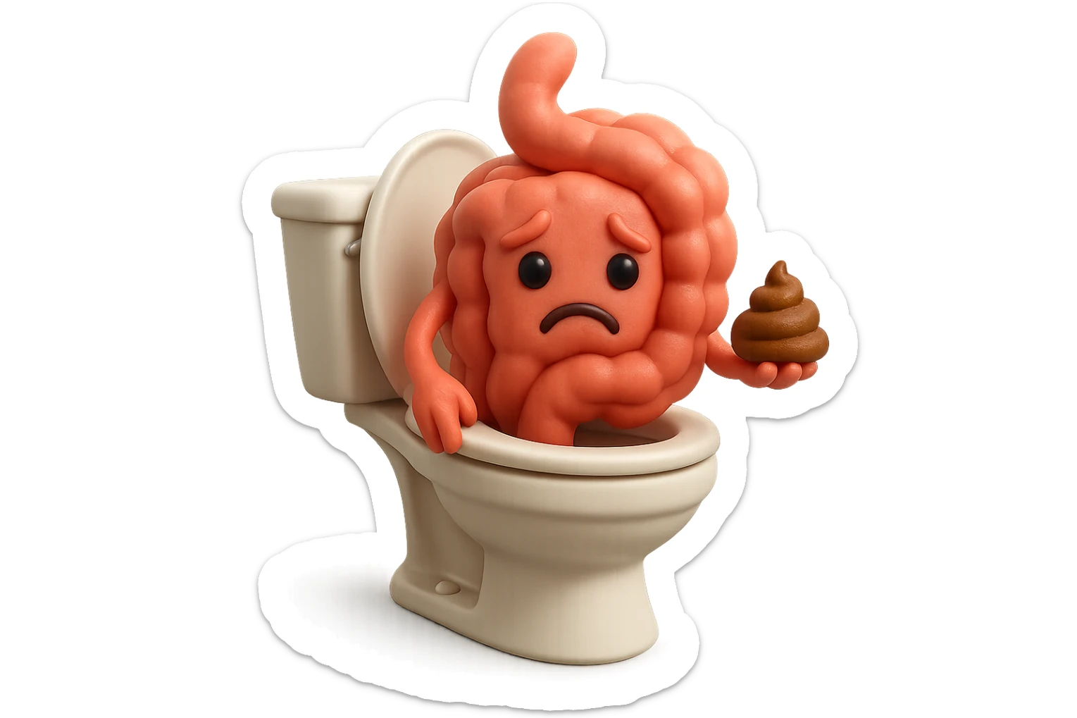 emoji stile iphone di un intestino realistico 3d che esce dal wc con in mano una montagnetta di feci con espressione triste a palline, iperrealistico 4k sticker