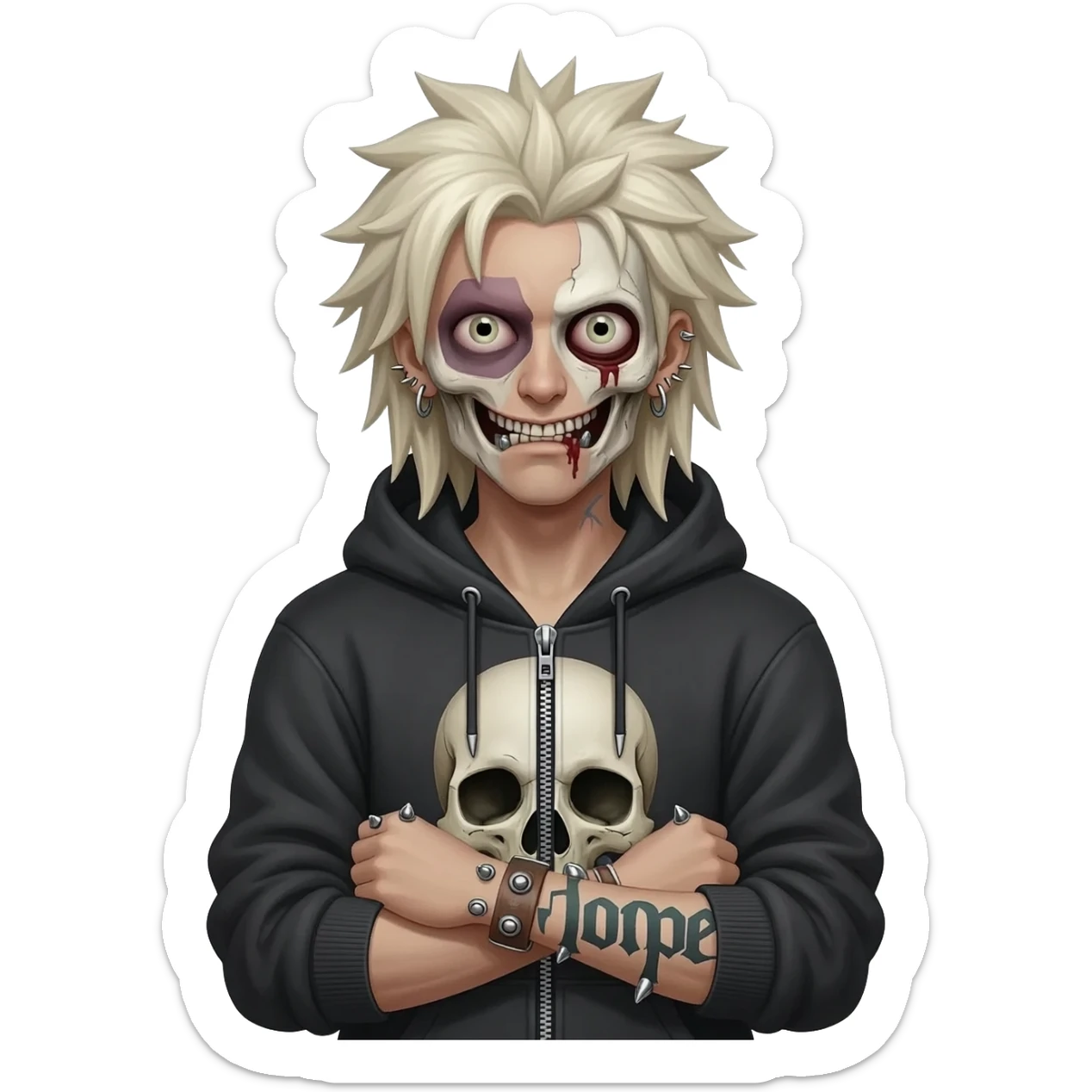 zombie spiky long platinum gold hair, hoodie zip is vignette skull wear piercings tatto "hope" sticker