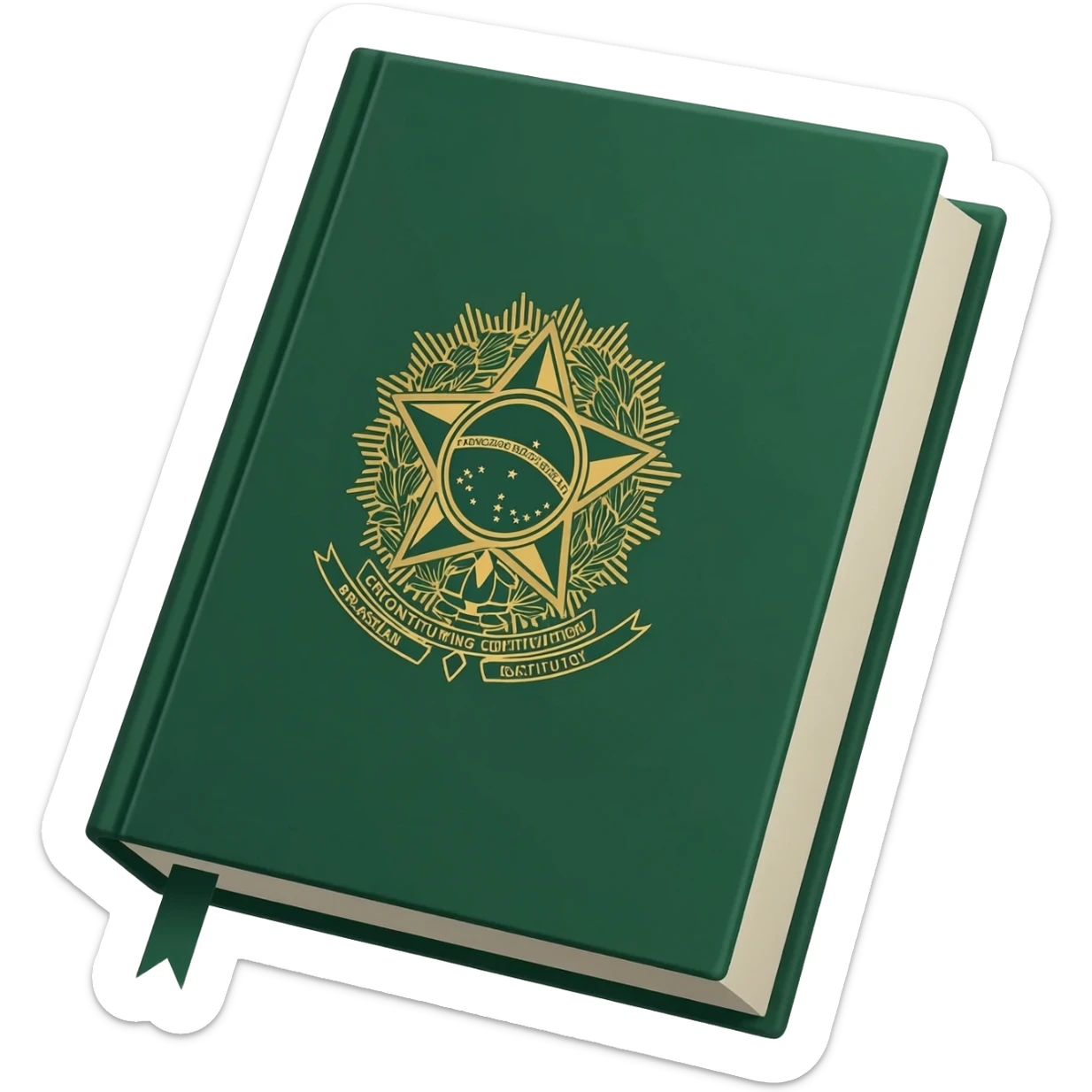 Emoji-style book of the Brazilian Constitution, dark green cover, gold Brazilian coat of arms centered sticker