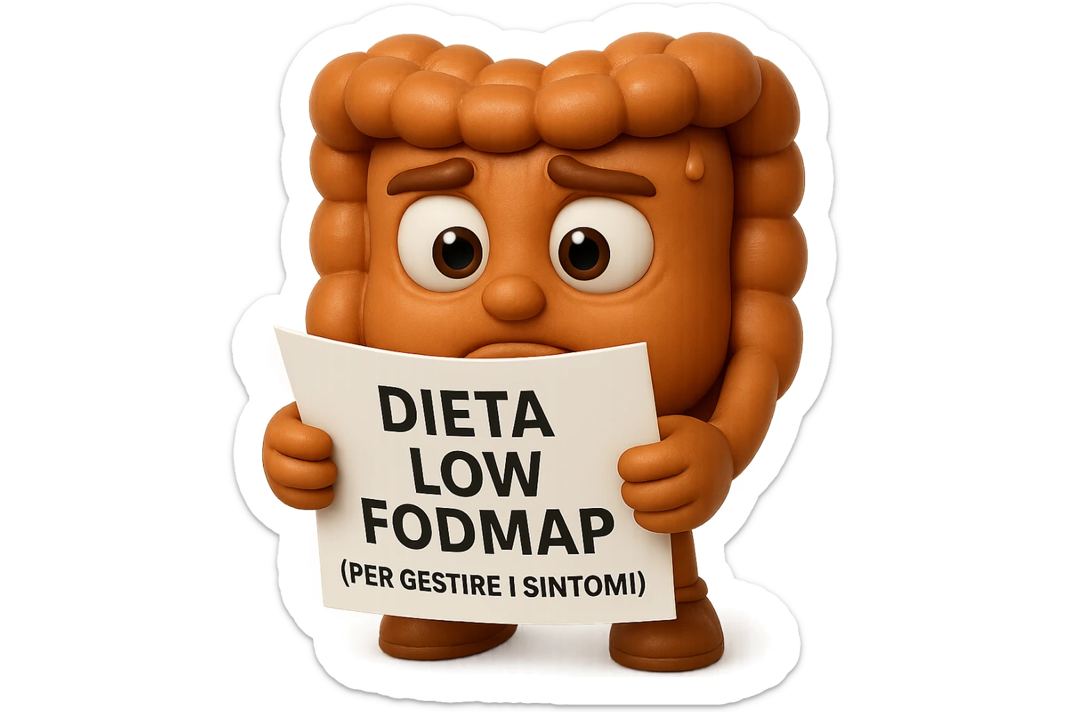 EMOJI STILE IPHONE DI UN INTESTINO UMANO ANATOMICO CHE GUARDA UN FOGLIO CON LA SCRITTA "DIETA LOW FODMAP (PER GESTIRE I SINTOMI)", FAGLI ANCHE LA PARTE BIANCA DEGLI OCCHI, NON SOLO LE PUPILLE, IPERREALISTICO 4K sticker