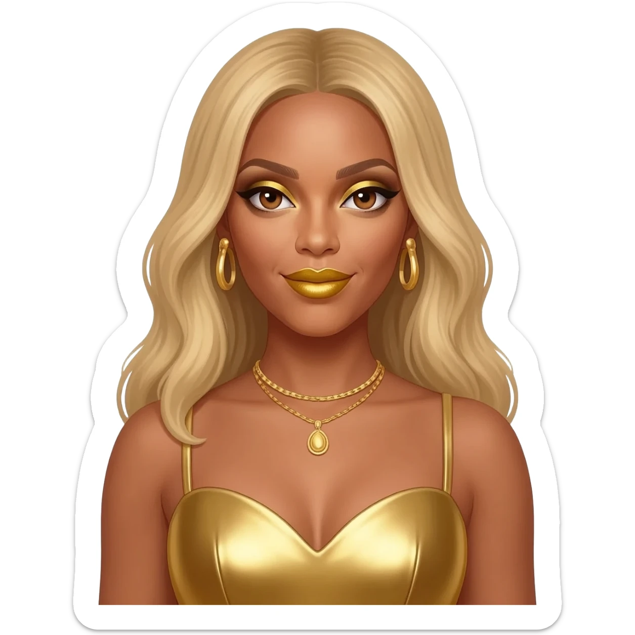 Beyonce with hazel brown eyes, long blonde hair, gold eyeshadow, gold lipstick, gold metallic sweetheart dress, gold necklace and earrings sticker