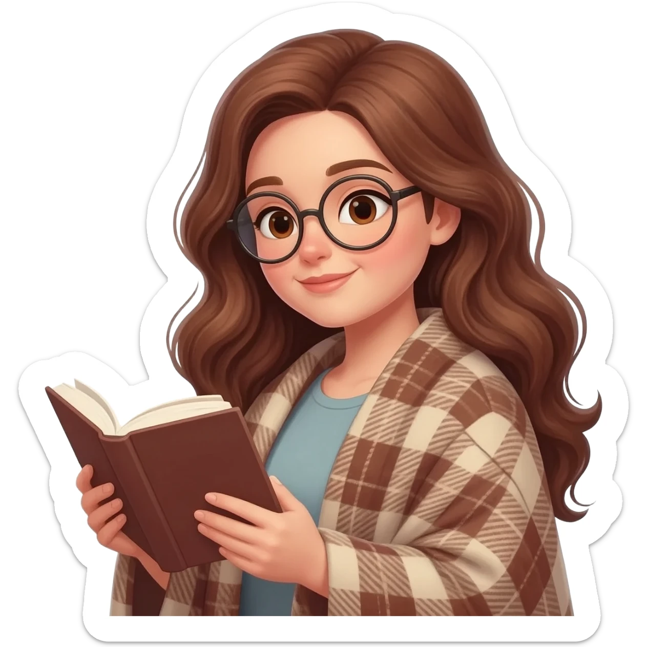 detailed emoji illustration of a curvy woman with long chestnut brown wavy hair, light brown eyes and round glasses, wrapped in a cozy plaid blanket and reading a book, calm peaceful expression, soft warm lighting, cute emoji style sticker