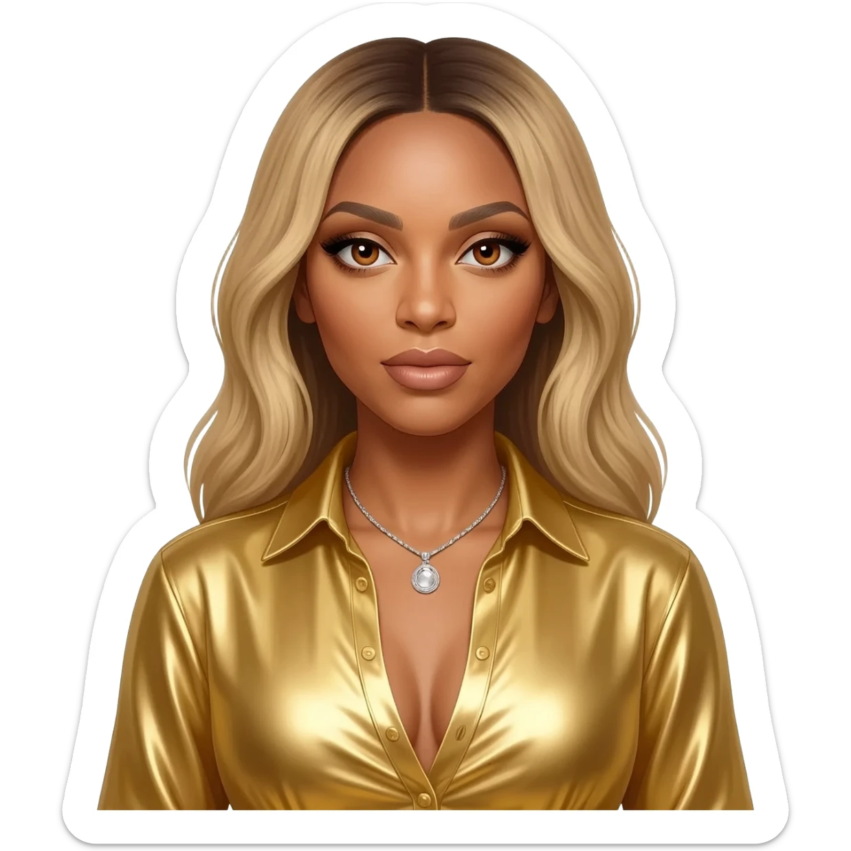 Beyonce with hazel eyes, long blonde hair, gold metallic sweetheart shirt, silver necklace sticker
