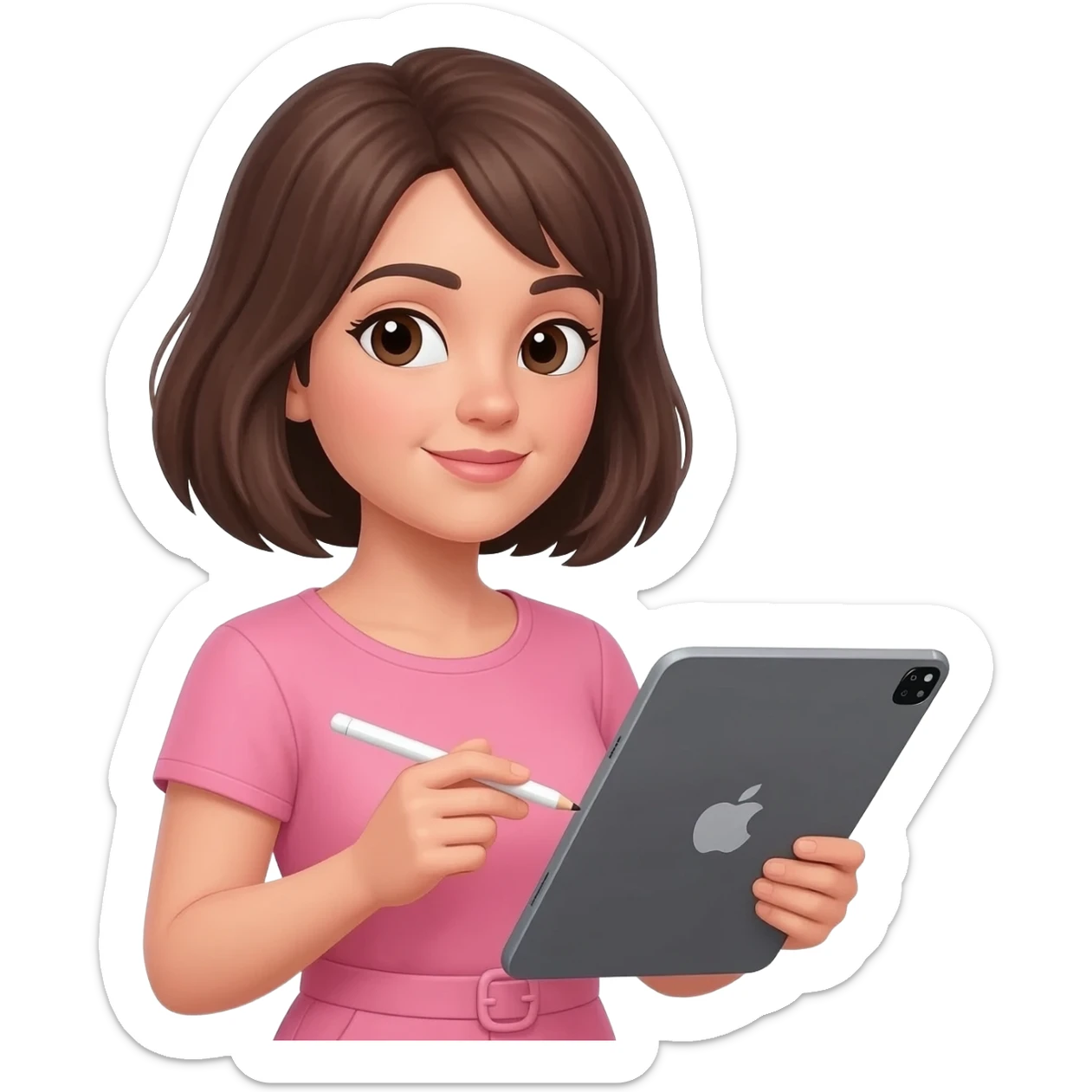 Brune aux cheveux court qui prend son temps tout doucement avec son grand iPad et un Apple Pencil. Vêtements rose sticker