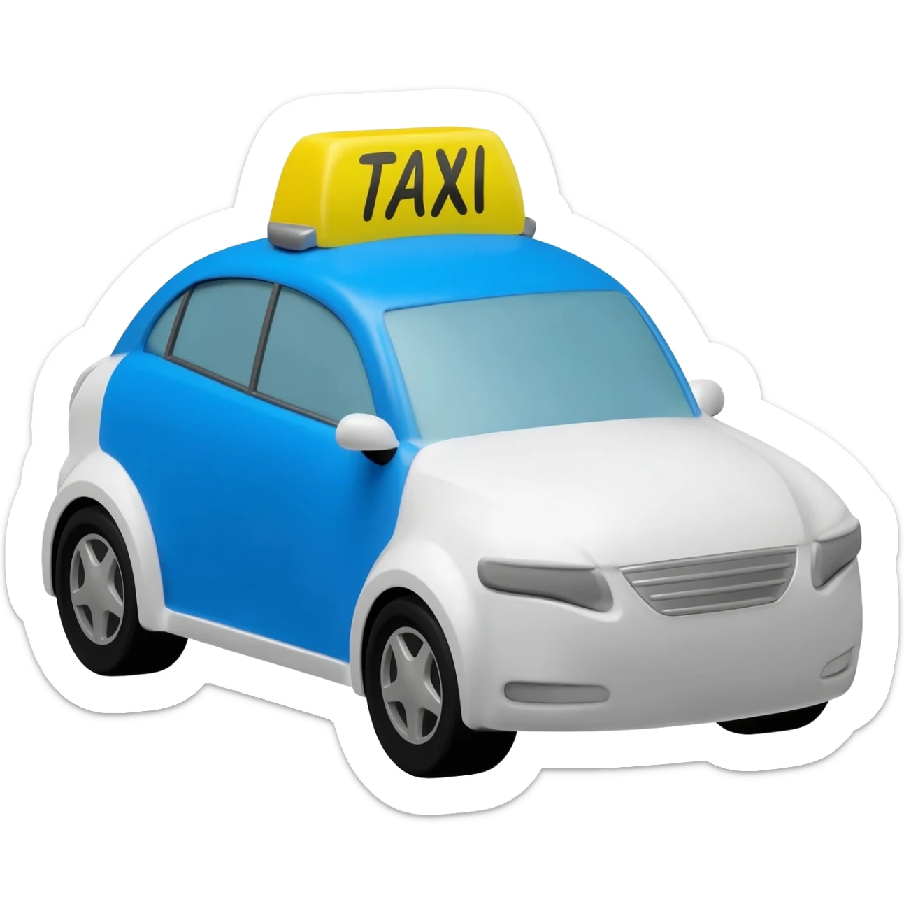 A small white  taxi car with a bright blue roof and blue side panels, yellow taxi sign on top,  modern sedan design, black tires, silver rims, front three-quarter view, soft shading, bright colors, . sticker