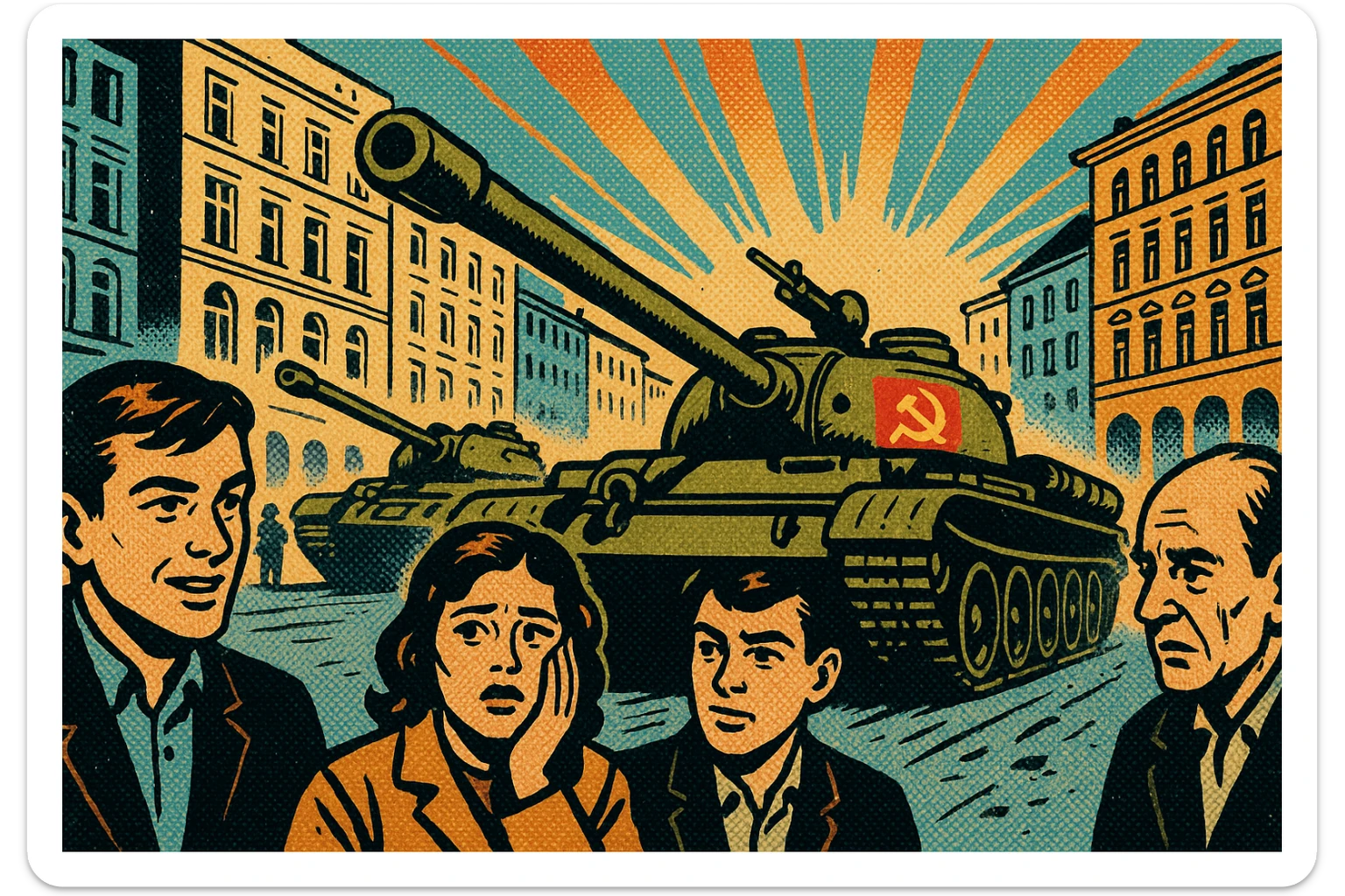 Soviet tanks with the communist party logo on the side entering the city of Prague in 1968 with people standing around watching and worried sticker