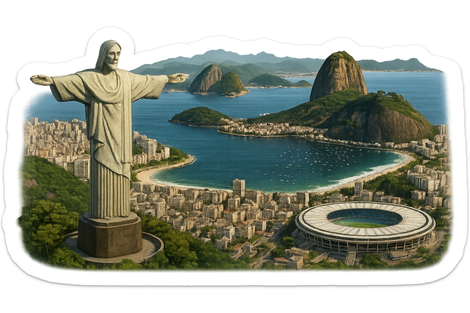 cinematic realistic emoji of Rio de Janeiro skyline featuring Christ the Redeemer, Sugarloaf Mountain, Copacabana Beach, Maracanã Stadium, lifelike detail, accurate colors, bright daytime lighting, wide city view, no sky, no clouds, transparent background sticker