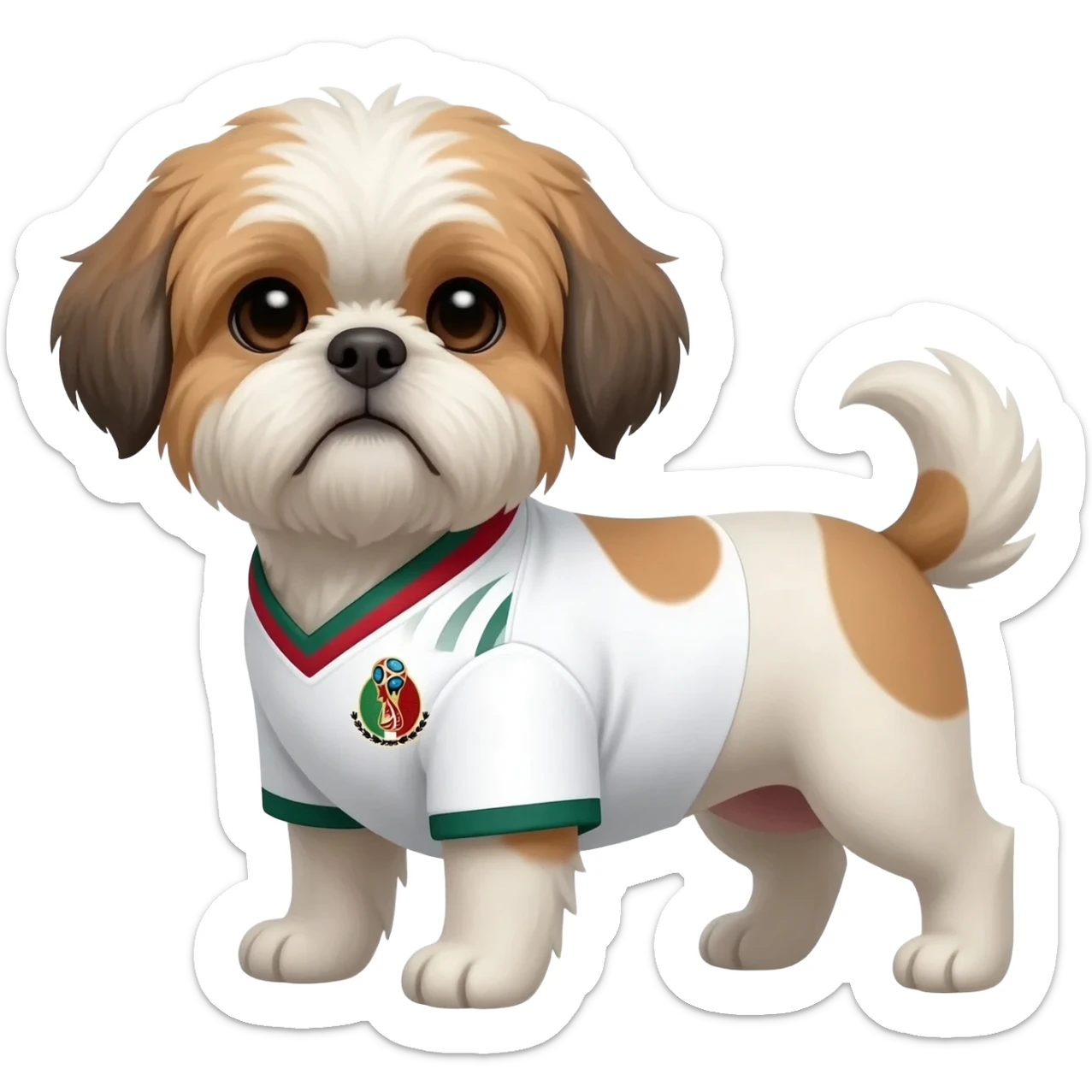 white and light brown shih zhu wearing a mexico soccer jersey v neck 2026 work cup sticker