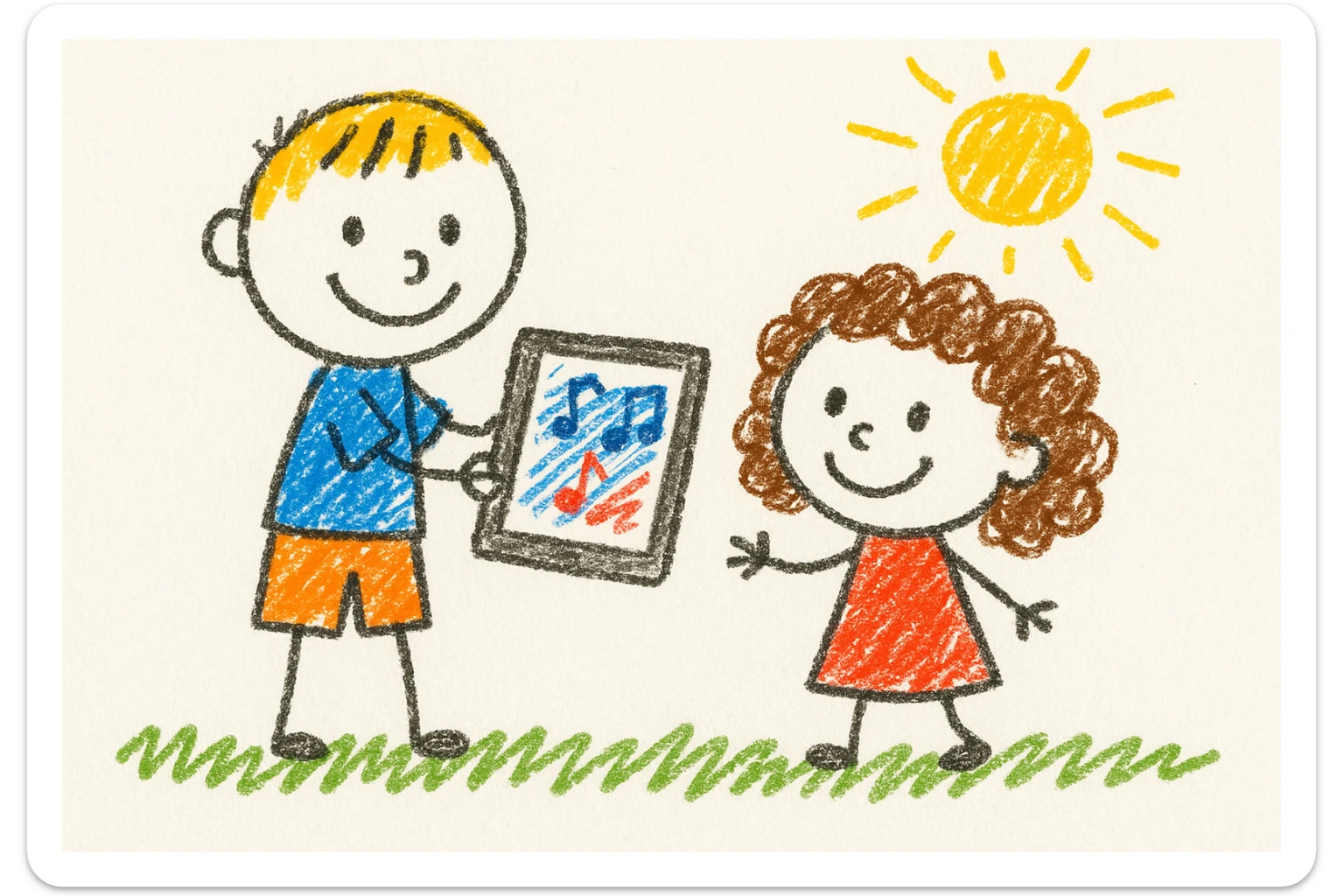 A 6-year-old boy playing music on his iPad for his 4-year-old sister with brown curly hair, in children's doodle style sticker