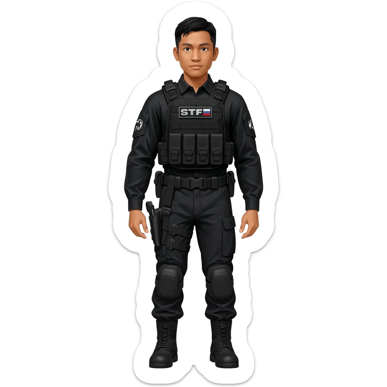 Filipino man STF SPECIAL TACTICS FORCE OUTFIT BLACK FATIGUE AND COMBAT BOOTS PLATE CARRIER AND HOLSTER sticker