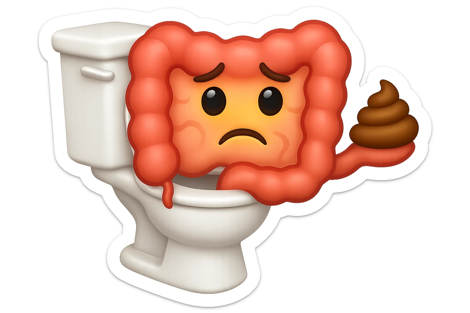 emoji stile iphone di un intestino che esce dal wc con in mano una montagnetta di feci con espressione triste a palline sticker