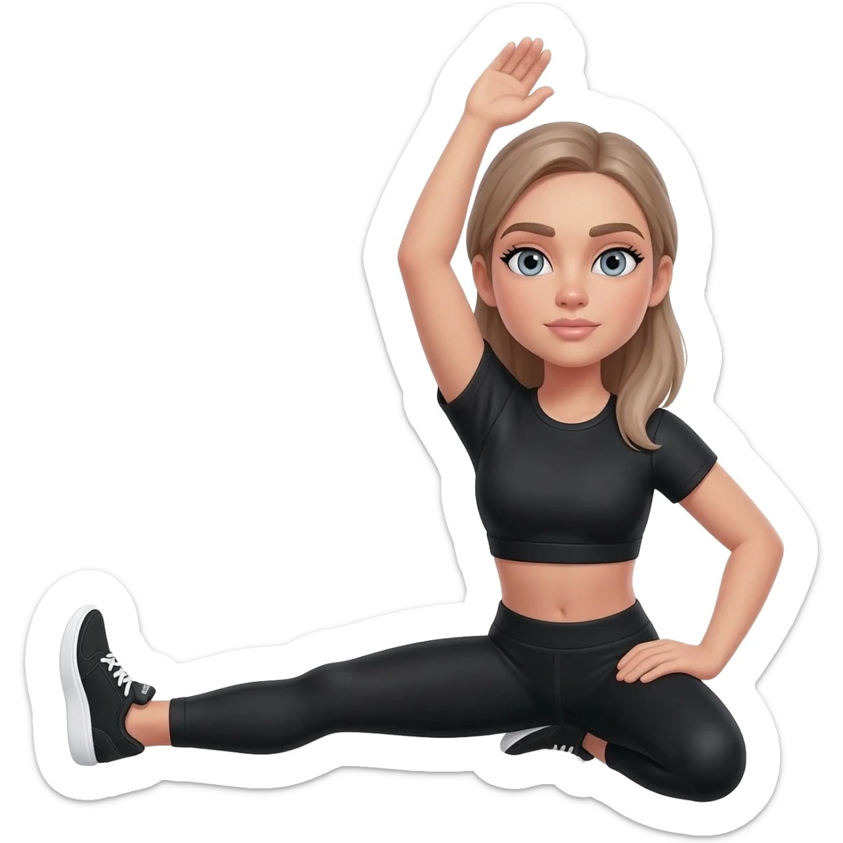 standing quad stretch holding one foot, fair-skinned woman, gray-blue eyes, ash brown brows, ash light brown hair tied back, slim athletic body, black workout set, black sneakers with white soles sticker