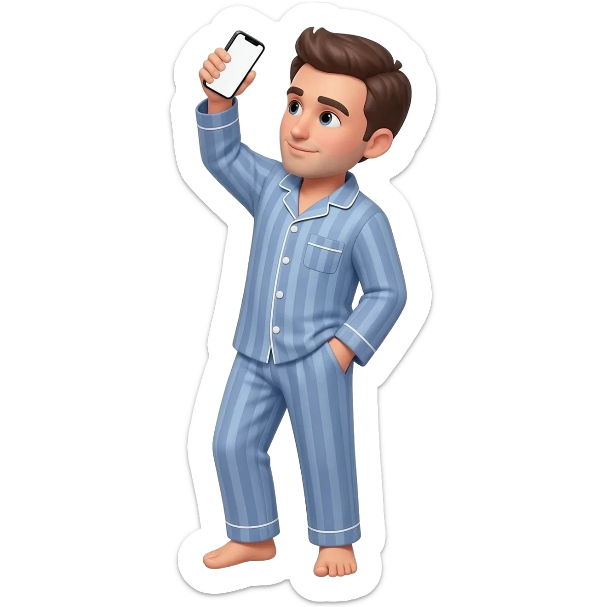 guy in pajamas standing holding up his phone up high and in front of him to show the camera his entire body. have him at a slight angle and looking at the phone. holding the phone vertically. holding it as  high up as he can and angled dwon to point at him sticker
