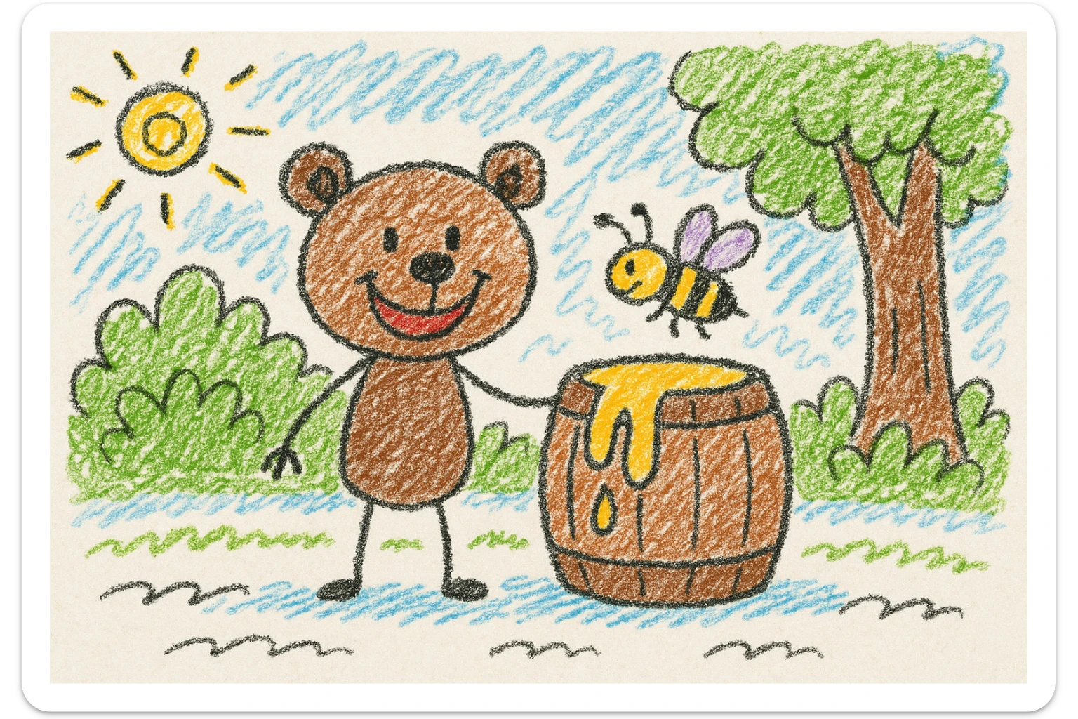 cheerful cartoon scene of a smiling brown bear standing beside a wooden honey barrel with honey dripping out, bright forest with green bushes, large tree, blue sky, a bee flying near the barrel, bold outlined playful style, suitable for children's illustration sticker