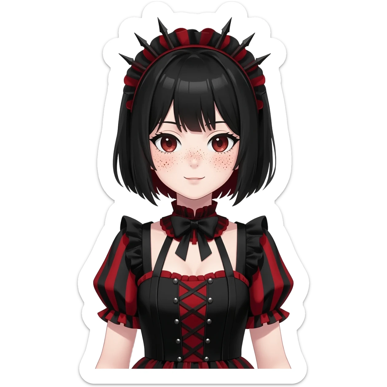Gothic anime lady with short black hair, black and red Lolita dress, freckles, makeup sticker