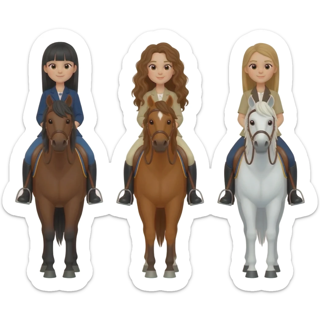 Three horses white bay and sorrel with three riders on the bay horse a girl with dark straight hair on the sorrel horse a girl with wavy brown hair and on the white horse a girl with sandy hair sticker