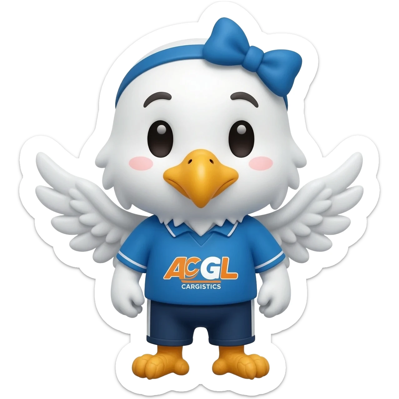 Cute delivery package mascot with small eagle wings bowing politely to say thank you, ACPL Cargo themed logistics emoji, blue and orange brand colors sticker