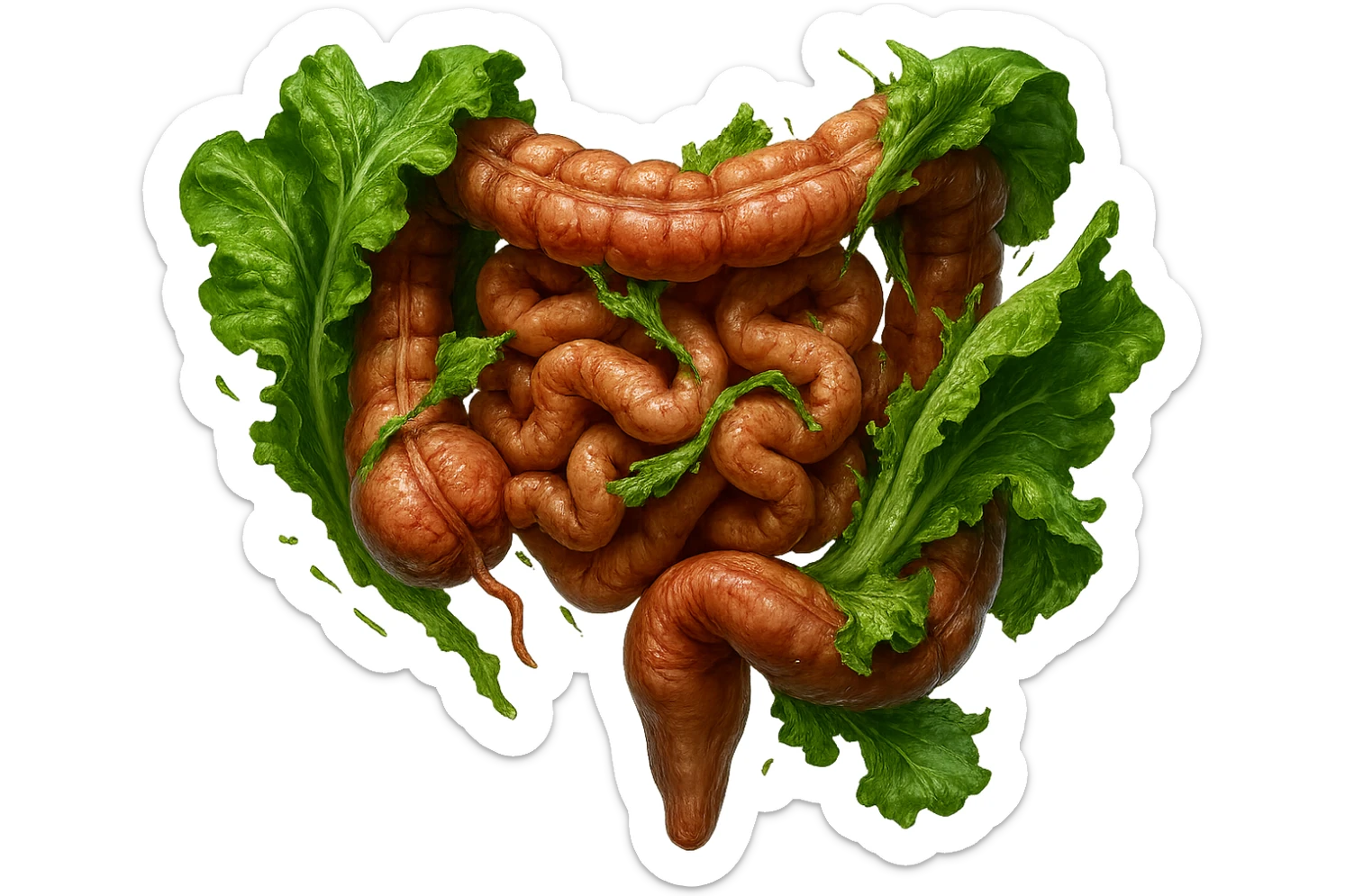 foglie di insalata che attaccano un intestino anatomico umano per distruggerlo, iperrealistico sticker