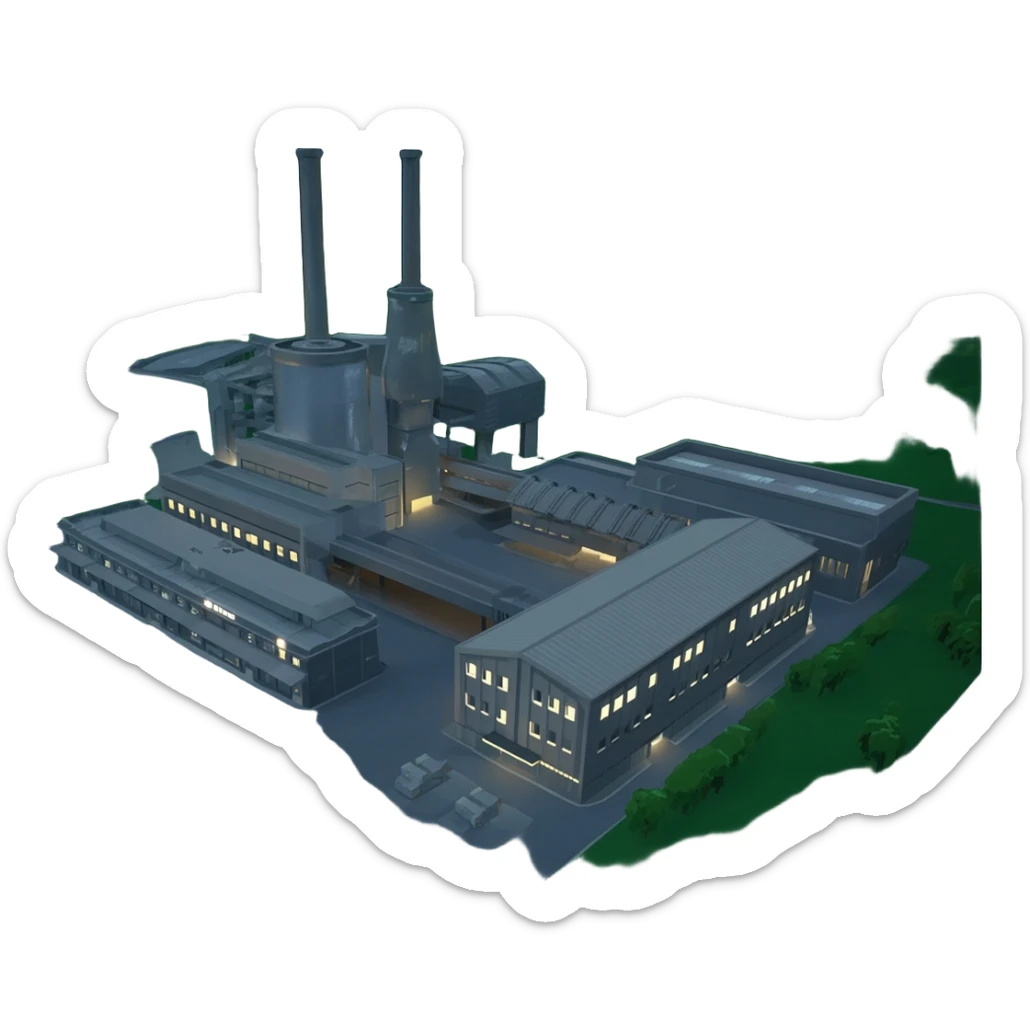 a military industrial building from an overhead view in a foreign country in the style of dark realism sticker