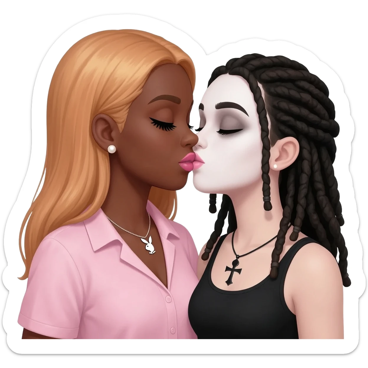 Bimbo, pearl earrings stud, Light pink cute lips, long middle part with long light ginger hair, dark brown skin, playboy necklace with lashes, light pink shirt, kissing the goth black girl, ankh necklace with dreadlocks with white paint on face sticker