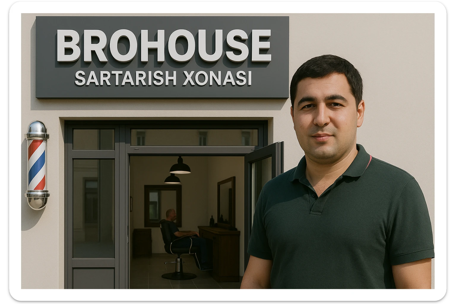 eni shu rasimga manashu odamga uxhshasin sartaosh eshik oldida tursin va tashqarida esa mijoz rasm esa 16 ga 9 bulsin 1920x1080 sticker