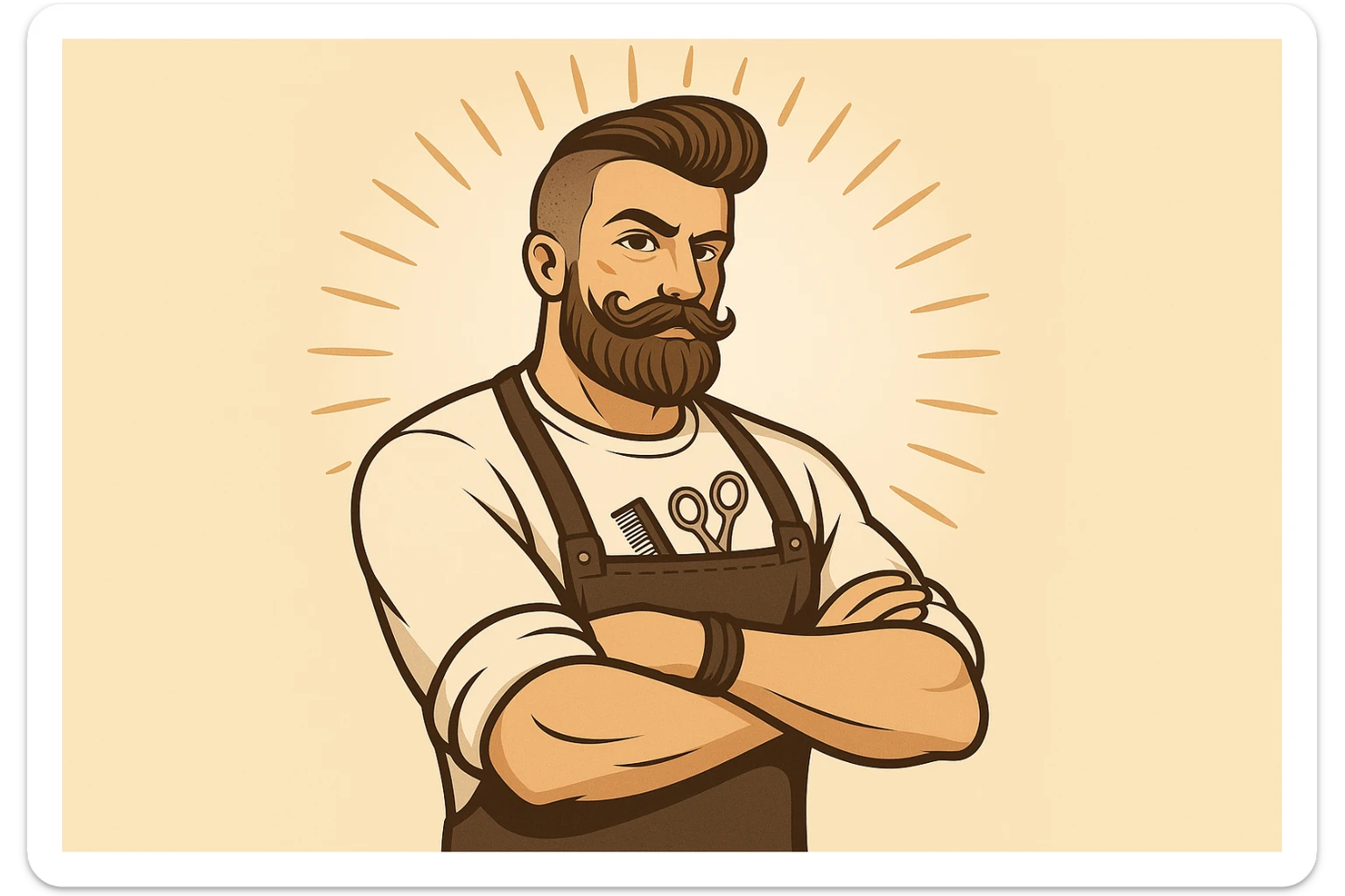 shu pozada turgan faqat chap tarafga qarab turgan sartarosh ustani tasvirlab ber sticker