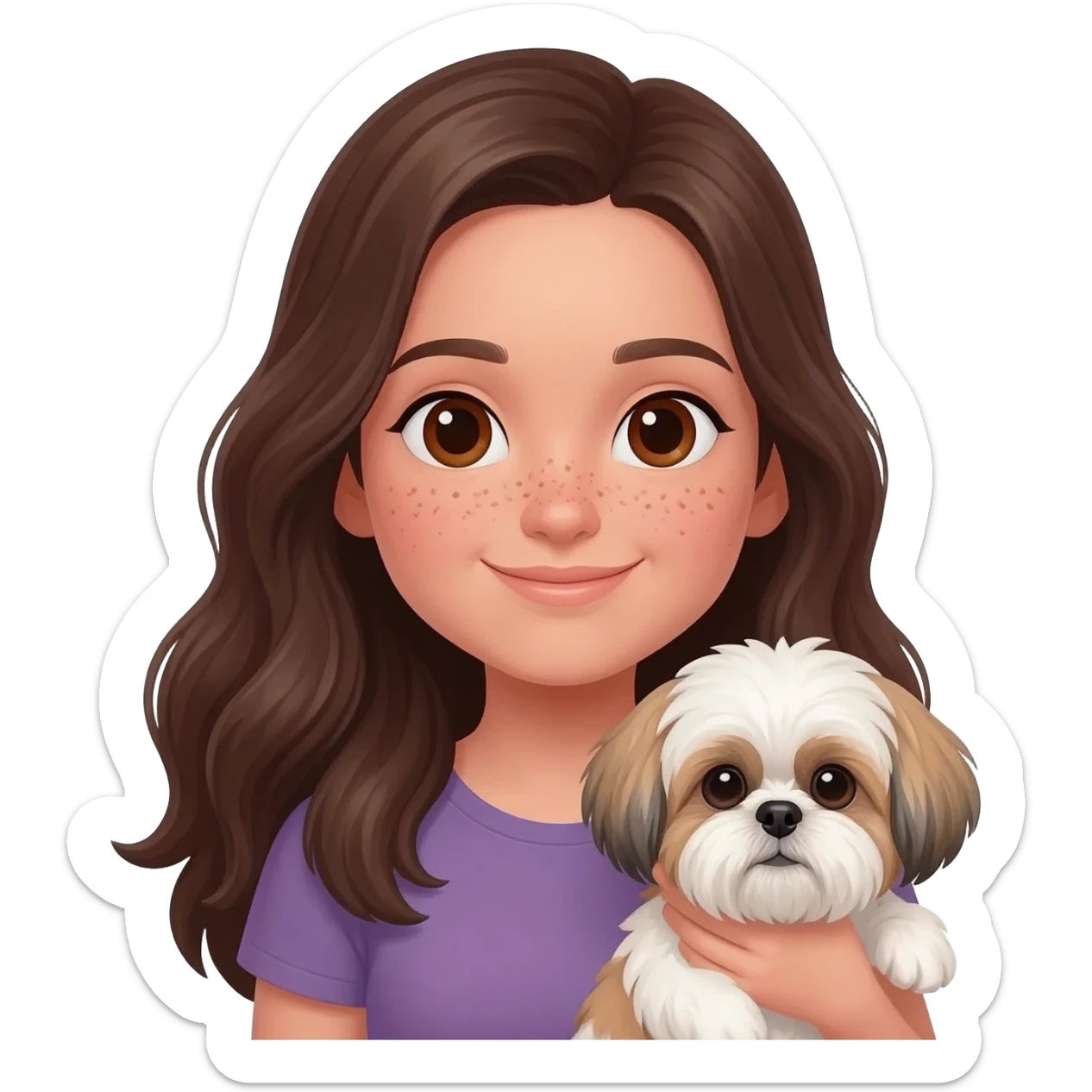 Brunette girl with long hair and beauty spots holding shih tzu sticker