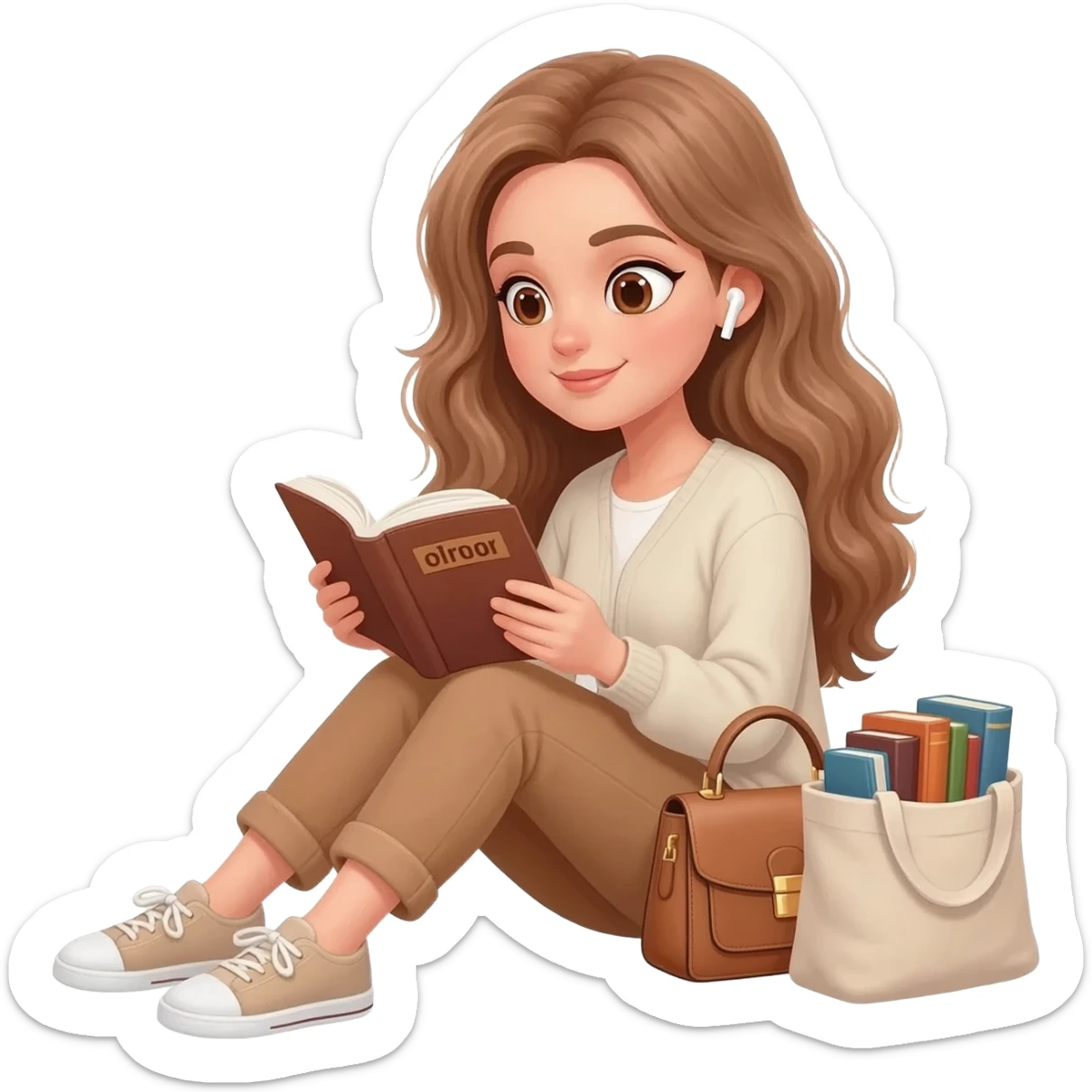 detailed emoji scene of a woman with long light brown wavy hair and light brown eyes reading a book, wearing AirPods in her ears, sitting comfortably with a handbag next to her and a tote bag full of books, cozy reading atmosphere, clean emoji style sticker