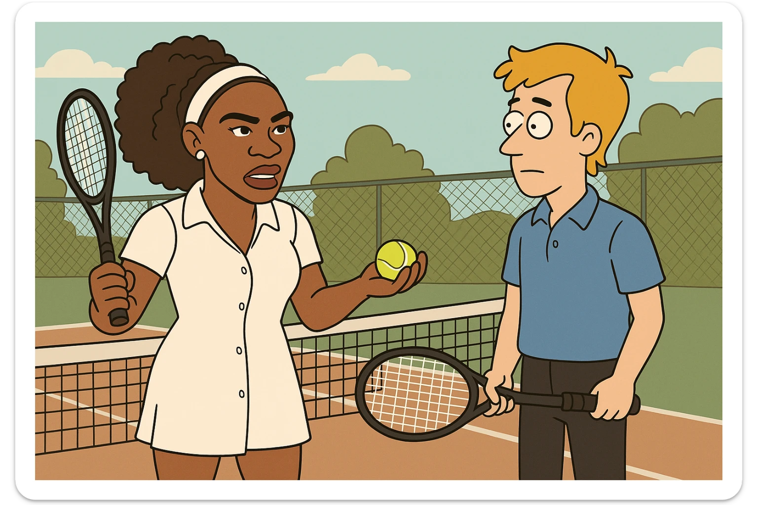 Serena Williams white shirt dress tennis racket one ball tennis a man dark yellow hair blue shirt black trousers tennis racket tennis court background  sticker