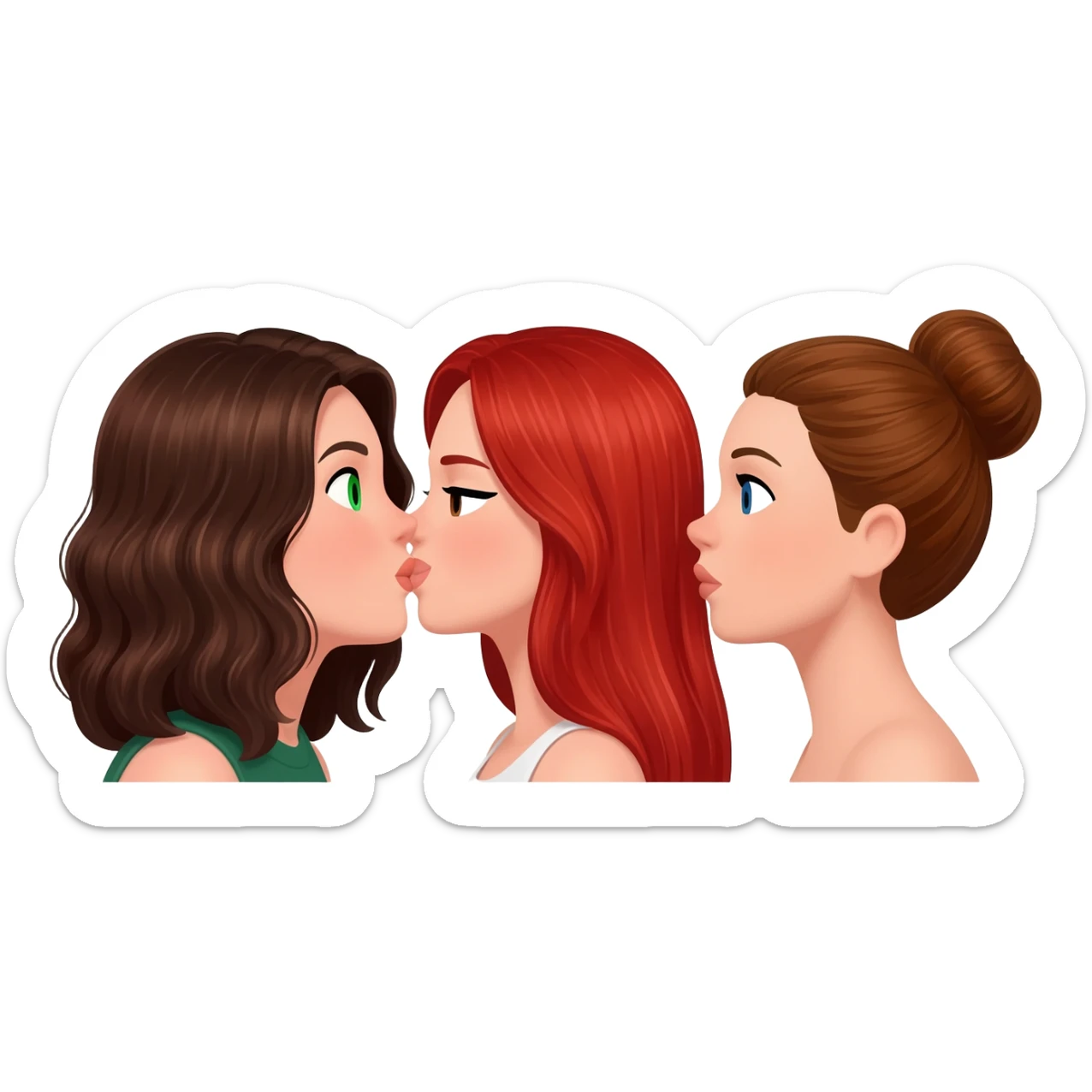 Même  photo mais les filles s’embrassent bisou  :Emoji trouplr femme: à gauche: brune cheveux aux épaules, ondulés et châtain foncée, yeux verts. Au milieu rousse aux yeux noirs, cheveux longs et raides. À droite : châtain avec chignon et yeux bleus. Les trois sont de couleur de peau blanche. sticker