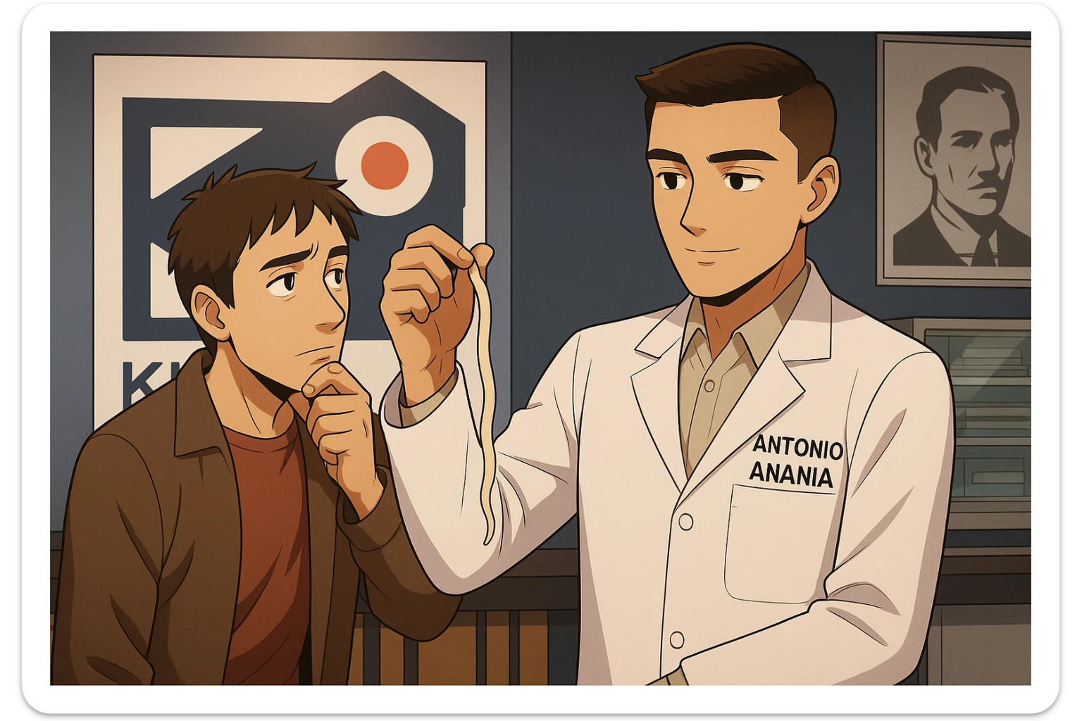 fai un webtoon manga a colori con questo stile, in cui un uomo ascolto il kinesiologo con il camice bianco (fagli anche la scritta "ANTONIO ANANIA" SUL CAMICE, il kinesiologo con il camice mostra un verme lungo e beige chiaro all'uomo, IL KINESIOLOGO SPIEGA ALL'UOMO UNA cosa. L'UOMO ha un ESPRESSIONE pensierosa IN VOLTO mentre si tocca il mento con l'indice. non fare i fumetti però, fai solo in modo che sembri stiano parlando sticker
