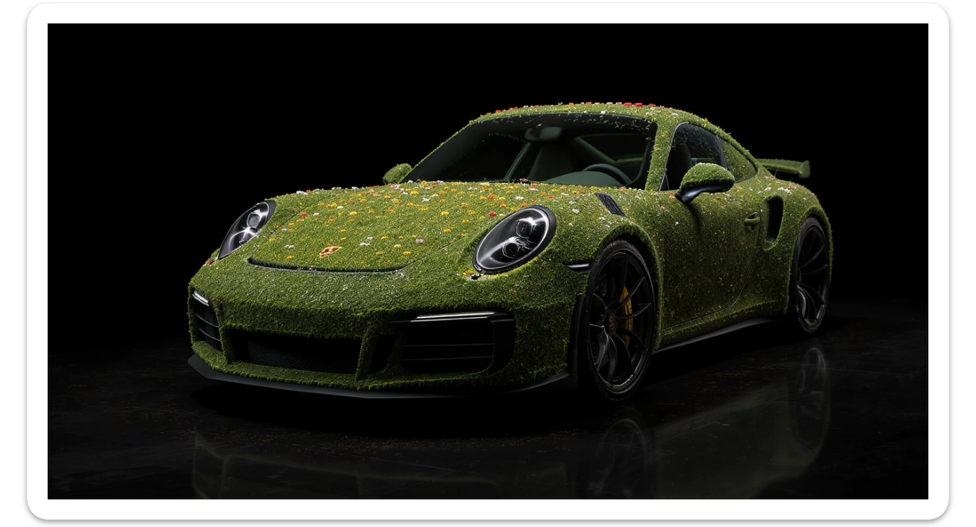 Closeup shot of a porsche 911, body of car made of grass and flowers, black solid studio background, very dark room, top low key light, dutch angle, captured by ARRI 65 sticker