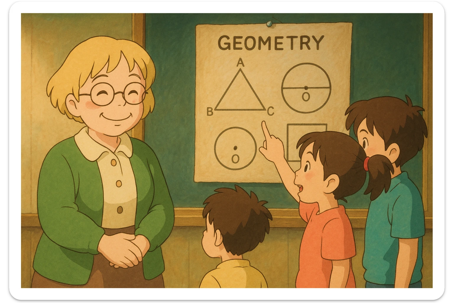 Profesora rubia de pelo corto con gafas redondas, muy sonriente, observando a tres alumnos que le explican una diapositiva sobre geometría, estilo ghibli sticker