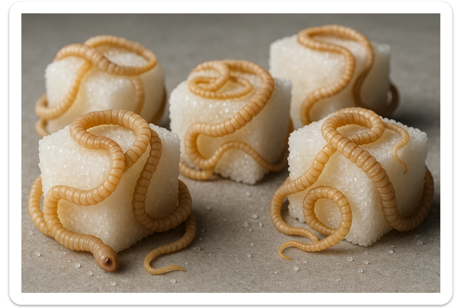 ZOLLETTE DI ZUCCHERO CON PARASSITI TIPO LA TENIA ARROTOLATE INTORNO AD OGNI ZOLLETTA, IPERREALISTICO 4K sticker