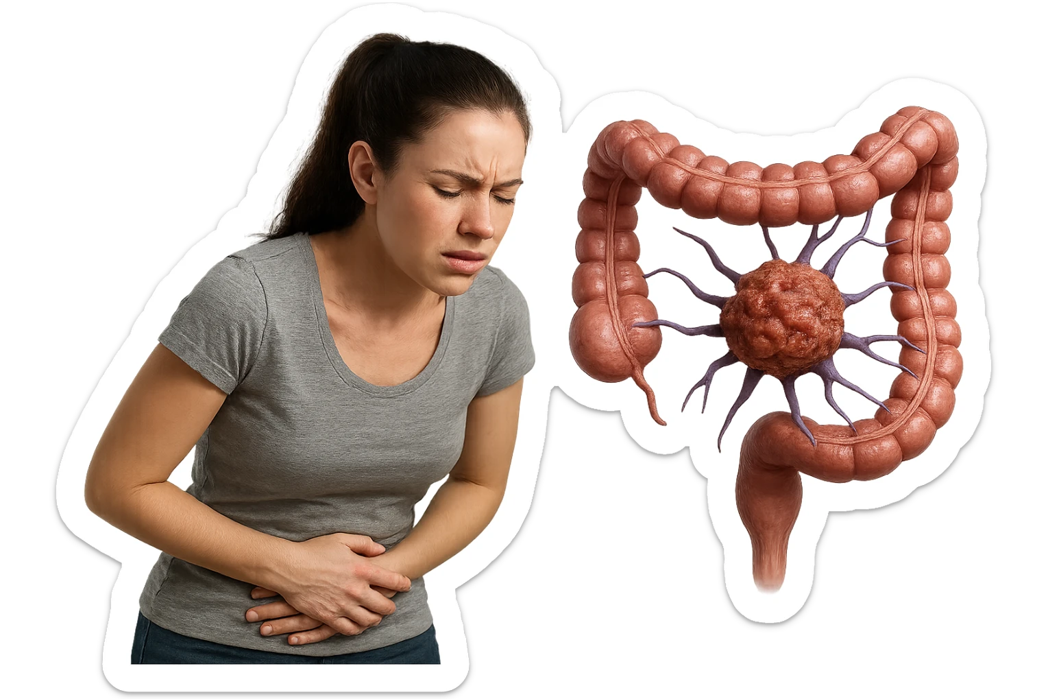 donna giovane piegata in avanti con mal di pancia e cellula tumorale che danneggia il colon, iperrealistica 4k sticker
