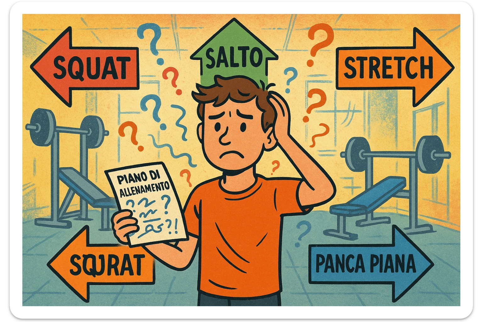 a person stands in the center of a gym, surrounded by arrows pointing in all directions, each labeled with a different exercise (e.g., “squat,” “jump,” “stretch,” “bench press”). The person looks bewildered, holding a workout plan with scribbles and question marks. The scene is colorful but visually messy, symbolizing confusion. in italiano sticker