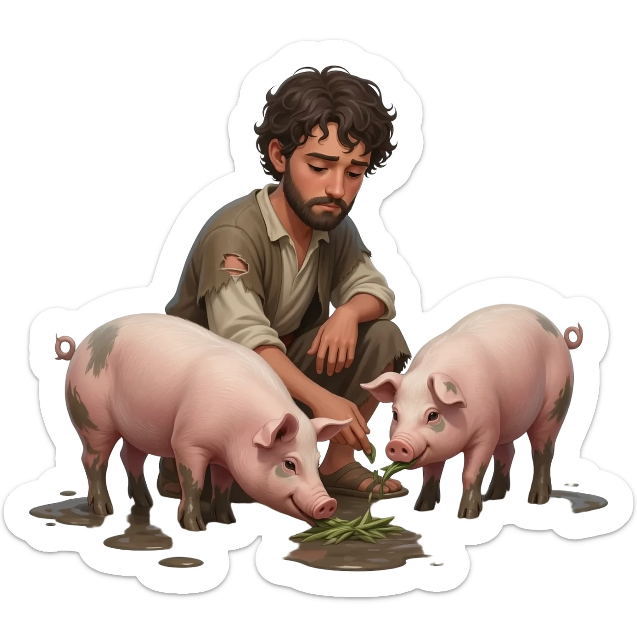 нарисую грустного  юношу 20-24 лет, как он кормит свиней в грязи   в рваной одежде  возрастом 20-24    ,  времена древнего иерусалима sticker