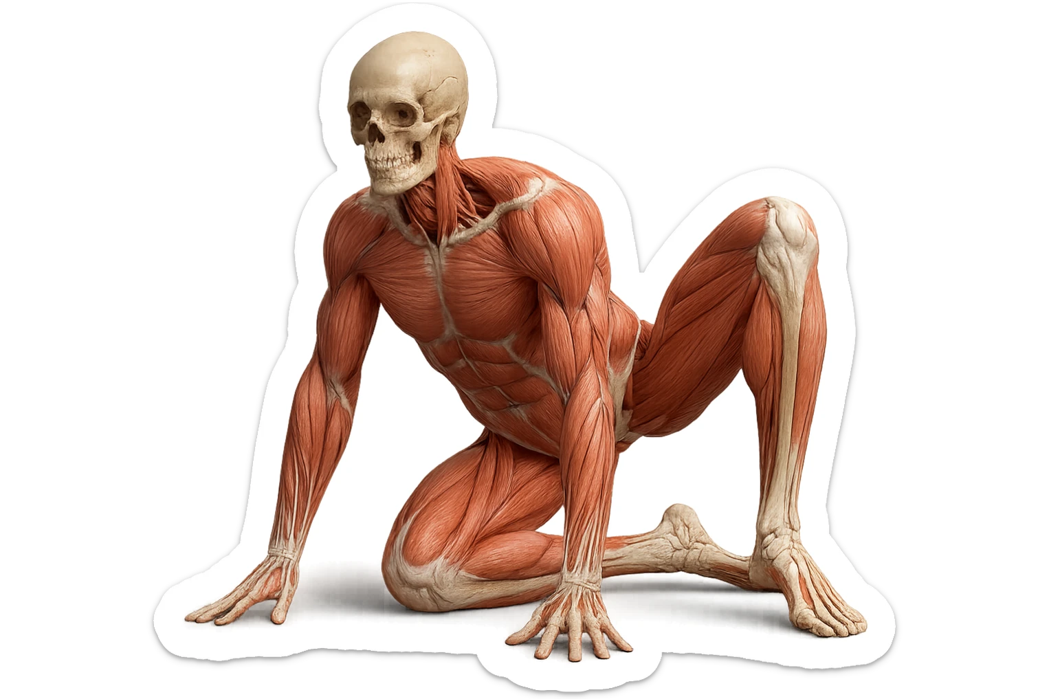 CORPO UMANO ANATOMICO REALISTICO CHE SVOLGE UN ESERCIZIO DI MOBILITà ALLE ANCHE, iperrealistico 4k sticker